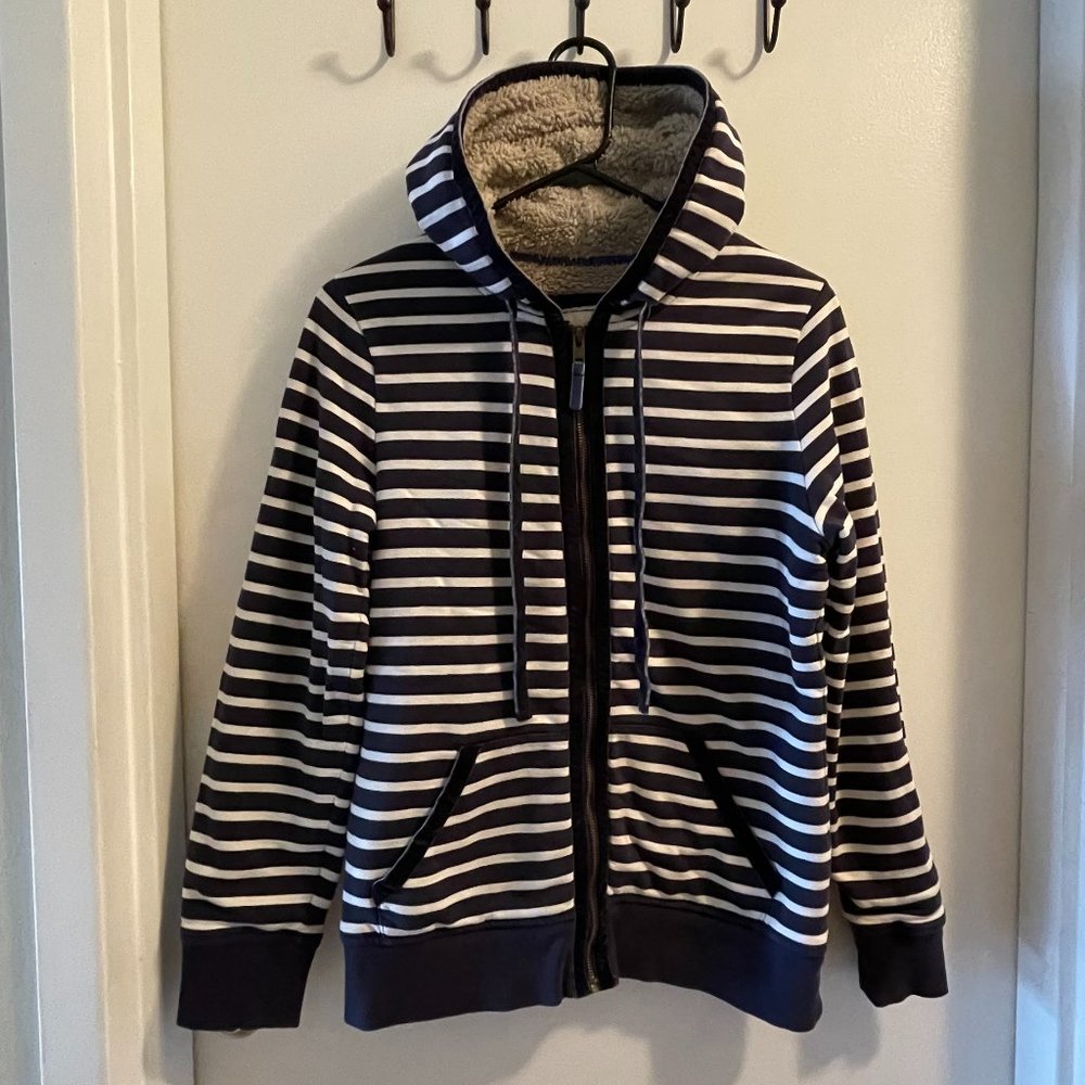 Boden Sherpa Lined Navy and White Zip-Up Hoodie with Pockets